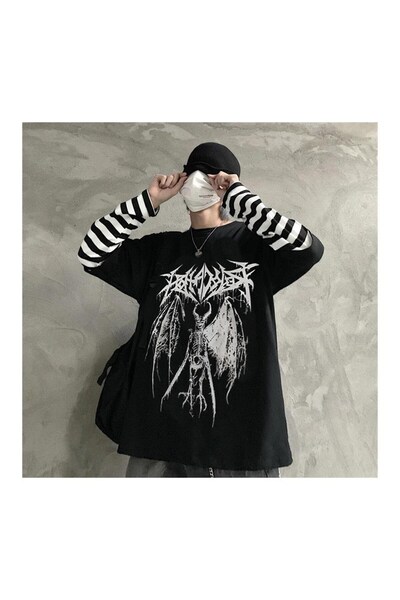 Touz Moda Gothic Harajuku Fashion Winged Skeleton Oversize Unisex Uzun Kollu ...