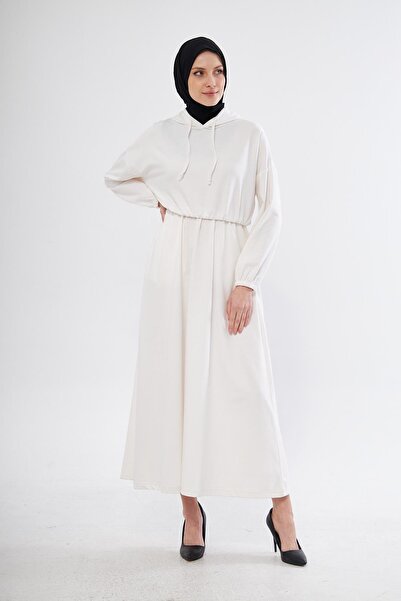 LİVE SPORT Εκρού Χρώμα Γυναικείο Μακρύ Φόρεμα - Πλισέ μέση και κουκούλα