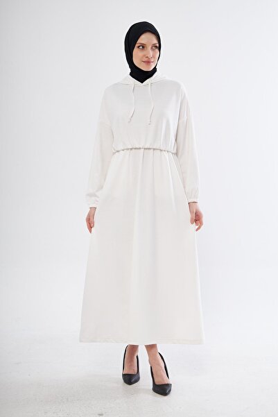 LİVE SPORT Εκρού Χρώμα Γυναικείο Μακρύ Φόρεμα - Πλισέ μέση και κουκούλα