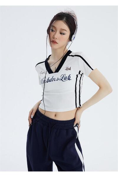 Touz Moda Y2k V-Neck Striped White Crop