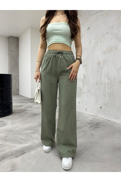 BİKELİFE Damenhose aus Leinen mit Gummibund und hoher Taille und lockerer Passform
