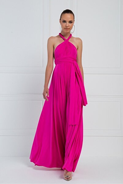 Kikiriki V Yaka Kolsuz Pileli Uzun Elbise