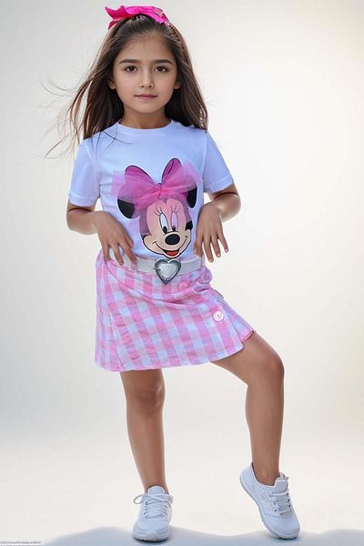 Riccotarz Set tricou și fustă cu model în carouri pentru fetiță cu imprimeu Minnie - Detaliu fundă din tul