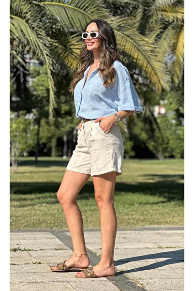 Atelier Derin Kahverengi Kemerli Bej Şort