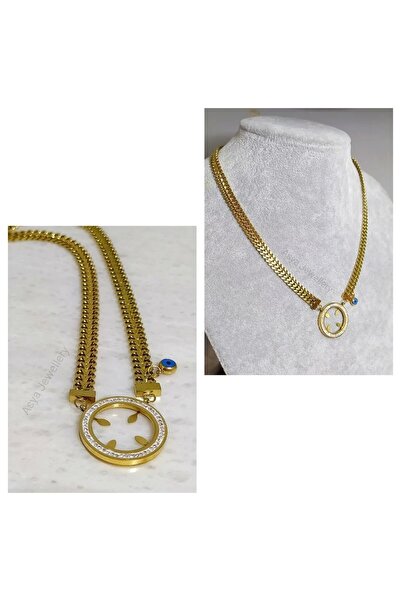 Asya Jewellery Altın Kaplama Zirkon Taşlı Içi Boş Çeyrek Uyumlu Örme Zincirli...