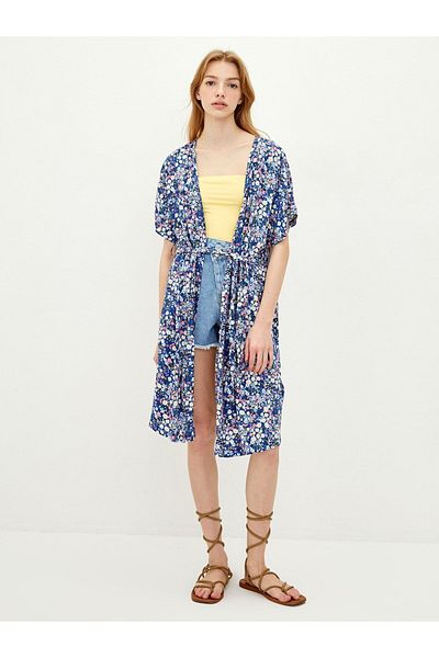 LC Waikiki Double Breasted Collar Floral Front Tie Viscose Women's Kimono