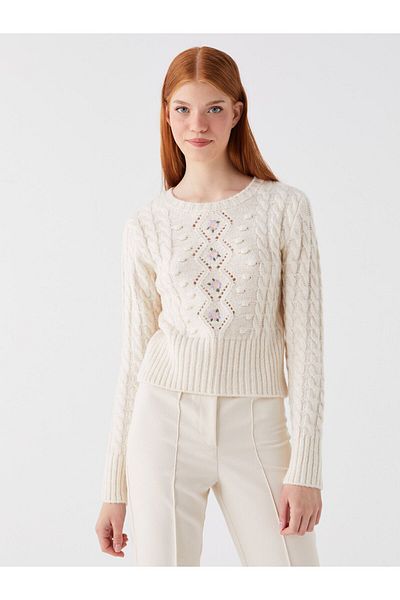 LC Waikiki Crew Neck Embroidered Long Sleeve Crop Women's Knitwear Sweater