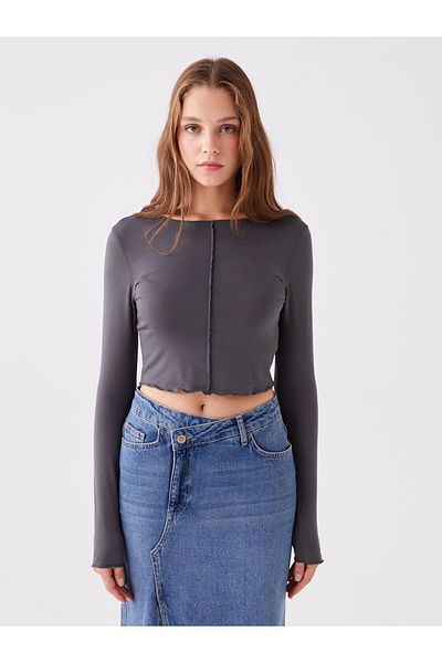 LC Waikiki Dámské triko Crew Neck Plain s dlouhým rukávem Crop