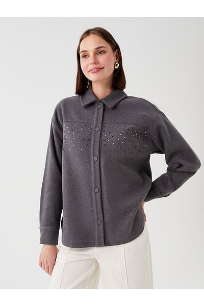 LC Waikiki Shiny Stone Printed Long Sleeve Oversize Women's Shirt Jacket