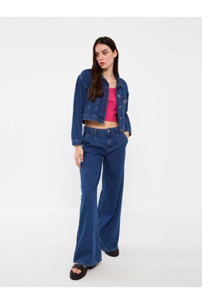 LC Waikiki Gömlek Yaka Düz Uzun Kollu Crop Kadın Jean Ceket Ofstr