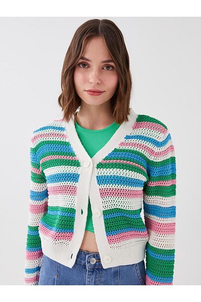 LC Waikiki Long Sleeve V-Neck Striped Women's Knitwear Cardigan