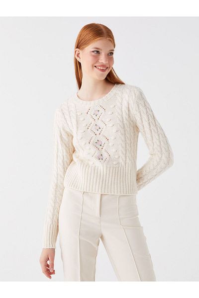 LC Waikiki Crew Neck Embroidered Long Sleeve Crop Women's Knitwear Sweater