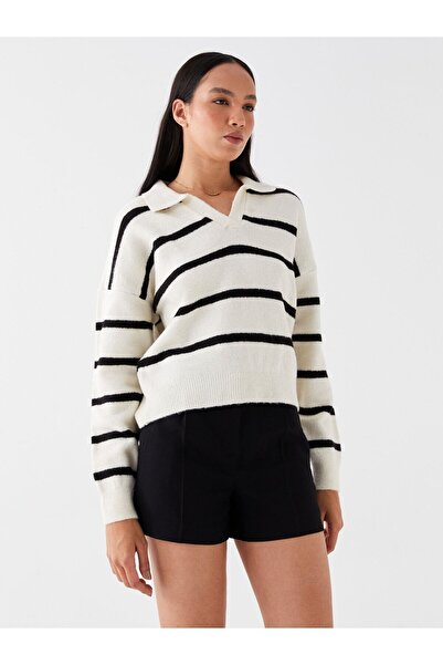 LC Waikiki Pulover de damă supradimensionat cu mânecă lungă în dungi cu gât polo