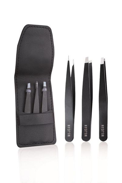 MUJGAN Professional 3-Piece Tweezers Set with Black Leather Bag
