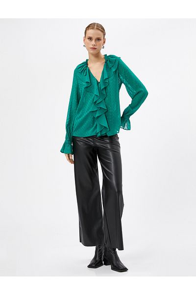 Koton Chiffon-Abendkleid, Bluse, gerüscht, V-Ausschnitt, lange Ärmel, Lurex