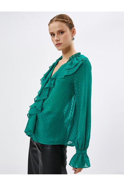 Koton Chiffon-Abendkleid, Bluse, gerüscht, V-Ausschnitt, lange Ärmel, Lurex