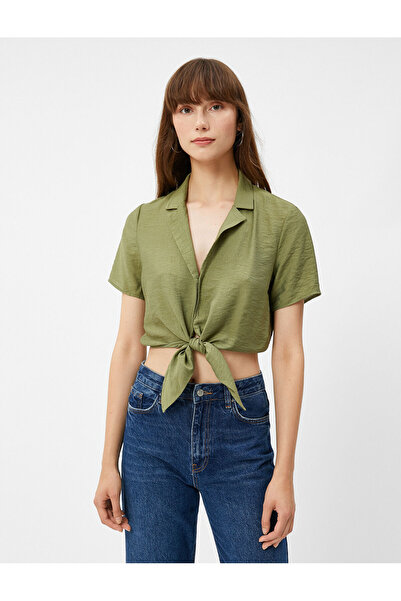 Koton Μείγμα βισκόζης με κοντό μανίκι Crop πουκάμισο με κουμπιά