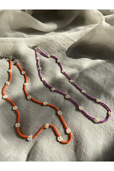 Chamis طقم قلادة ديزي مكون من قطعتين مطرز باللون البرتقالي والفوشيا