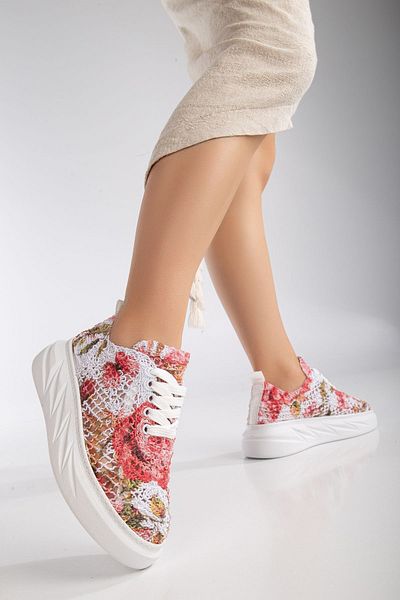ElloLita Red Floral Patterned Lace Detailed Sneakers