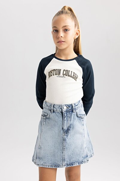 DeFacto Dívka - Tričko s dlouhým rukávem a potištěným žebrovaným výstřihem A7896a823au