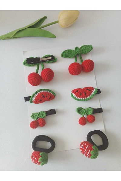 Kadın Girişimciler Atölyesi Karma Red Fruits Series Hanmade Knitted 8-Piece Snap Buckle Set