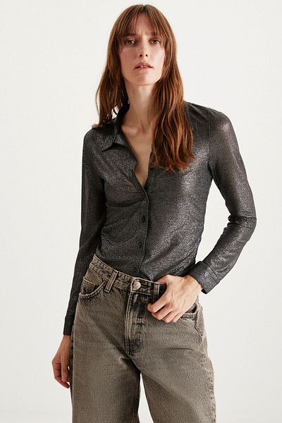 GRIMELANGE Cămașă neagră Bettıe - Slim Fit și țesătură strălucitoare