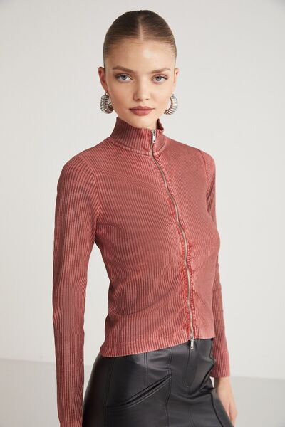 GRIMELANGE Damska Effie – Bluzka w kolorze ceglastym, ze stójką i długim rękawem, zapinana na zamek