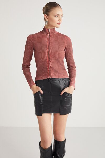 GRIMELANGE Damska Effie – Bluzka w kolorze ceglastym, ze stójką i długim rękawem, zapinana na zamek