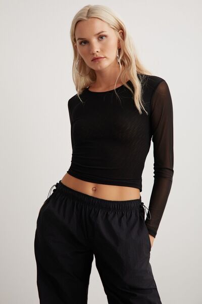 GRIMELANGE Czarna, krótka bluzka damska Derry - okrągły dekolt, wiązanie z tyłu, tiul