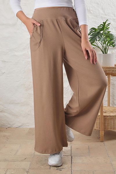 ESPİNA Women's High Waist Pocket Wide Leg Soft Quality Knitted Trousers