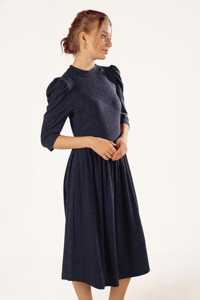 Avones Πλεκτό μάλλινο φόρεμα με μπαλόνι βισκόζης με κορδόνι στη μέση Navy Blue