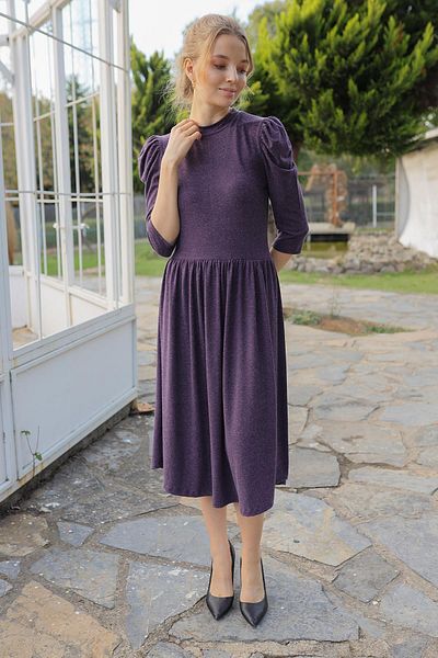 Avones Lână tricotată, viscoză, mânecă cu balon, rochie adunată violet