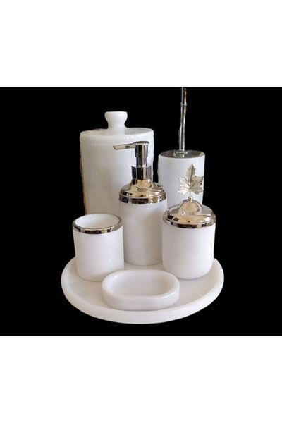 ege gross Decorative White Marble Silver Leaf Detailed 7 Piece Bathroom Set Set