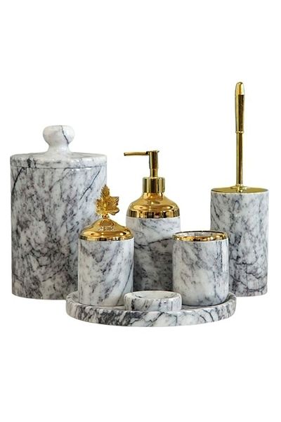 ege gross Decorative Lilac Marble Gold Leaf Detailed 7 Piece Bathroom Set Set