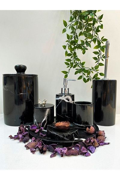 ege gross Decorative Black Marble Silver Bird Detailed 7-Piece Bathroom Set