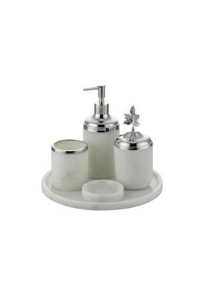 ege gross Decorative White Marble Silver Leaf Detailed 5 Piece Bathroom Set Set