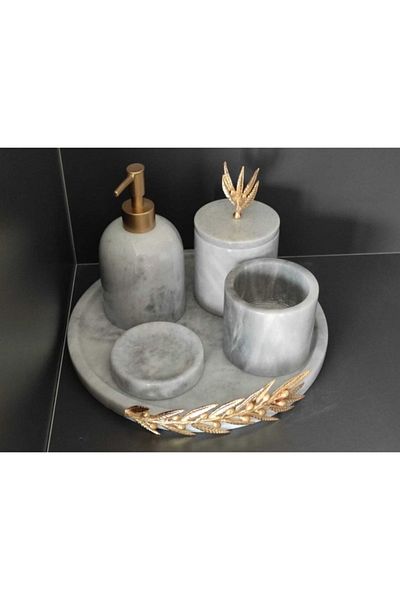 ege gross Decorative Gray Marble Gold Olive Branch Detailed 5-Piece Bathroom Set Set