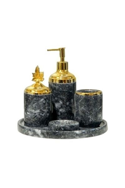 ege gross Decorative Dark Gray Gray Marble Gold Leaf Detailed 5 Piece Bathroom Set Set