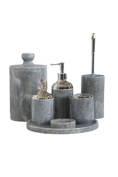 ege gross Decorative Gray Marble Silver Leaf Detailed 7 Piece Bathroom Set Set