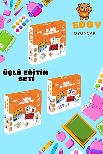 edoy Montessori Eğitici Üçlü Oyun Seti-Rubik Matematik-Türkçe-İngilizce Bulma...