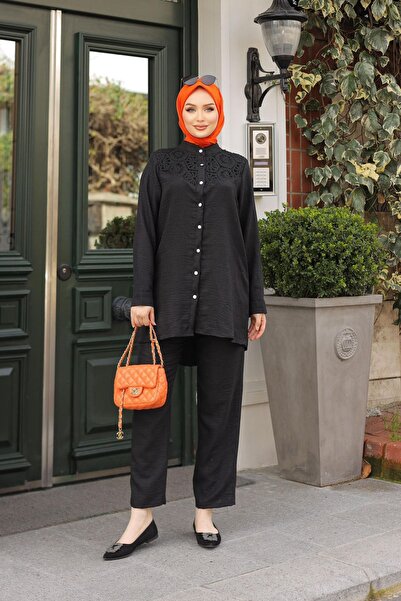 Bold Grup Women's Black Summer Lace Detailed Shirt Pants Set