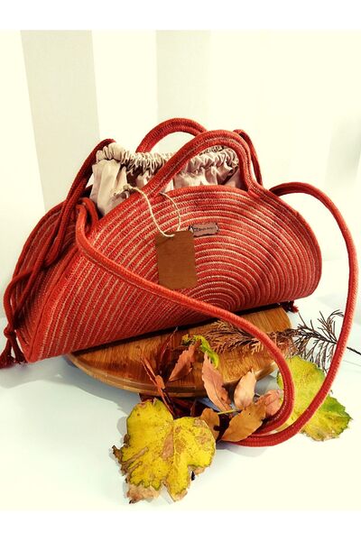 Yektayla Handmade Straw Brick Color Bag, Handbag, Side Bag, Shoulder Bag, Rope Bag