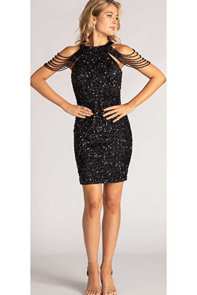 hilaltrendd halter yaka boncuk detaylı mini abiye elbise