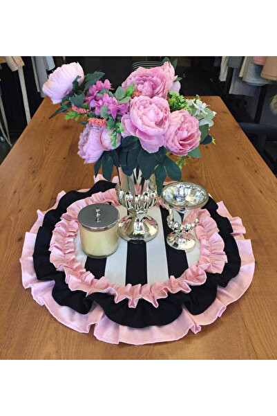 Dekorluk Concept Siyah Beyaz Çizgili Ve Kenarları Fırfırlı Yuvarlak Süs Örtüs...