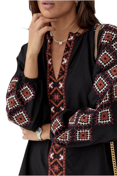 Cassime Rochie de damă cu mânecă lungă din bumbac boem brodat etnic negru