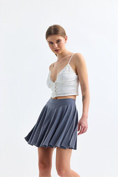 herşeygidiyor Woman's Gray Elastic Waisted Flounced Floor-Length Shorts Skirt