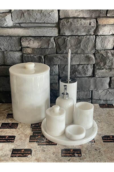 Polen Stone طقم حمام من الرخام الأبيض الجديد مكون من 7 قطع مع سلة مهملات كبيرة مقاس 25x20