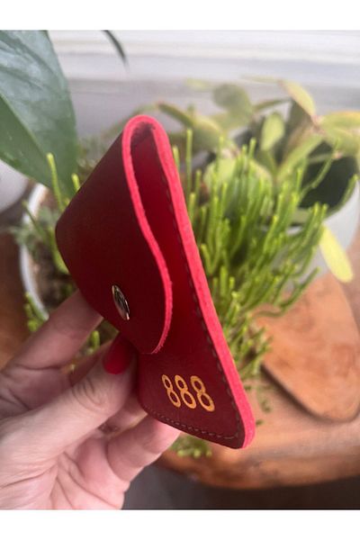 Pinkylola 888 Model Red Genuine Leather Mini Coin Purse and Airpod Case