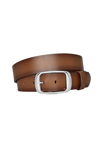 GoDeri %100 Hakiki Deri, Gümüş Tokalı 4 cm Kahverengi Kadın Kemeri; Kot, Spor Kemer AN-BYN-19