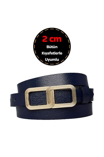 GoDeri Navy Blue Women's Belt - 100% Genuine Leather, 2 cm Thin, Buckle, Gold Color; Dress, Trouser Belt